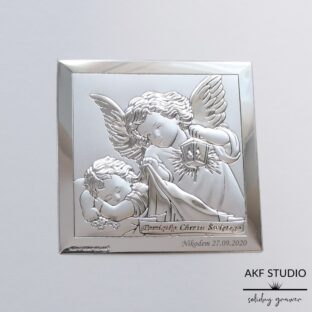grawerowany srebrny obrazek na chrzest pamiatka
